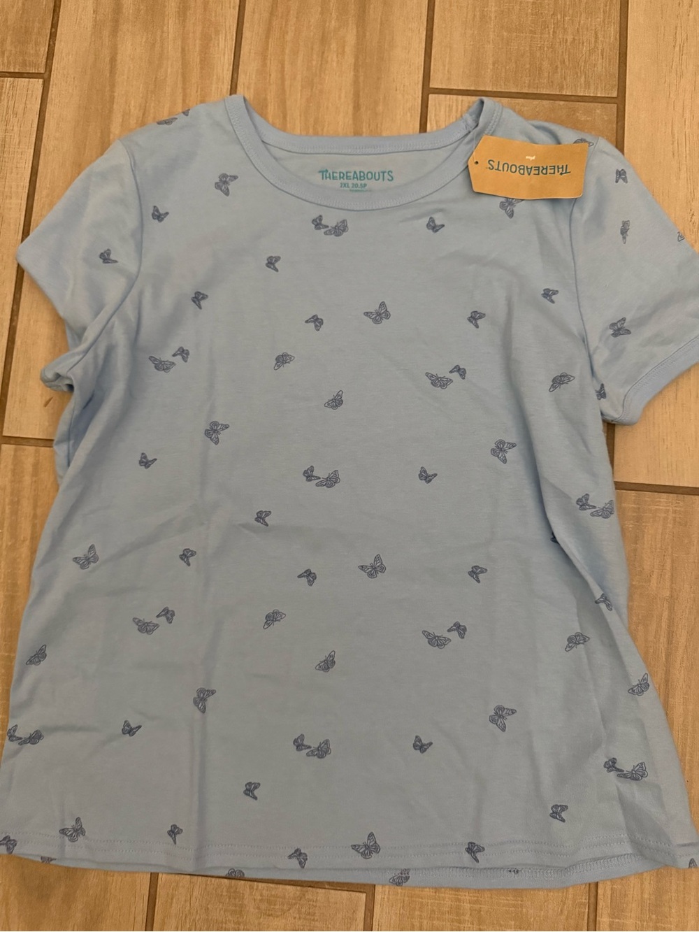 Thereabouts Light Blue Butterfly Print Kids Tee size 2x 20.5 plus NWT